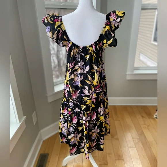 Time and Tru Black Pink Yellow Floral Cotton Off the Shoulder Tiered Maxi Dress - Picture 3 of 11